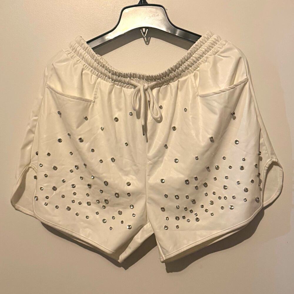 Merigold Kiss Women's White Rhinestone Shorts Lg Drawstring Elastic